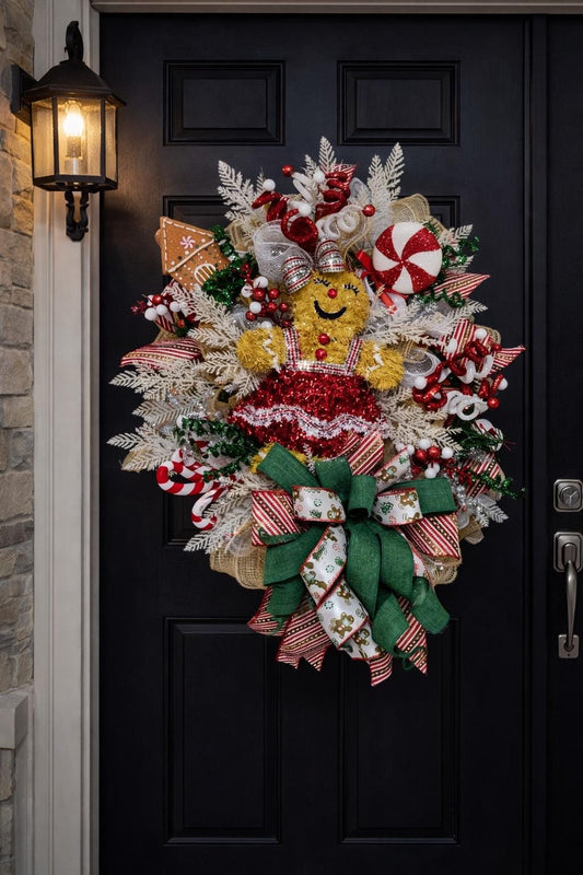 Set of 2 Gingerbread Christmas Wreaths, Whimsical Holiday Double Door Decor