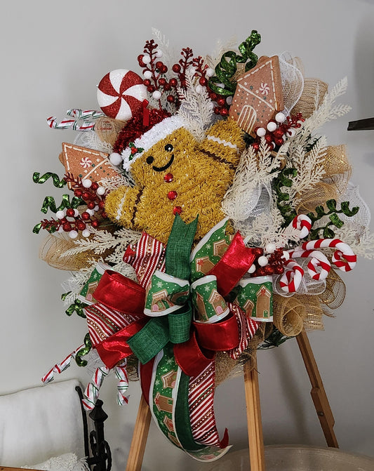 Gingerbread Christmas Wreath, Whimsical Holiday Front Door Decor, Candy Cane Gingerbread House Christmas Wreath