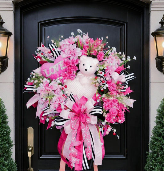 Teddy Bear Valentine Wreath | Pink Floral Heart Door Decor