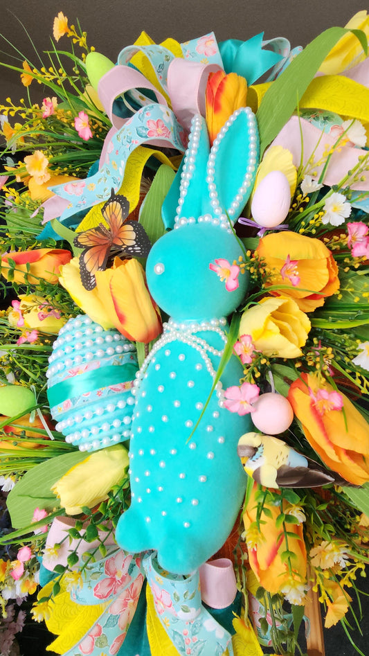 Teal Flocked Bunny Door Swag | Hand-Pearled Easter Egg, Tulips, Florals | Spring Farmhouse Decor