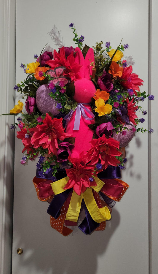 Bold Flocked Bunny Door Swag | Hot Pink, Purple, Yellow Floral Spring Decor