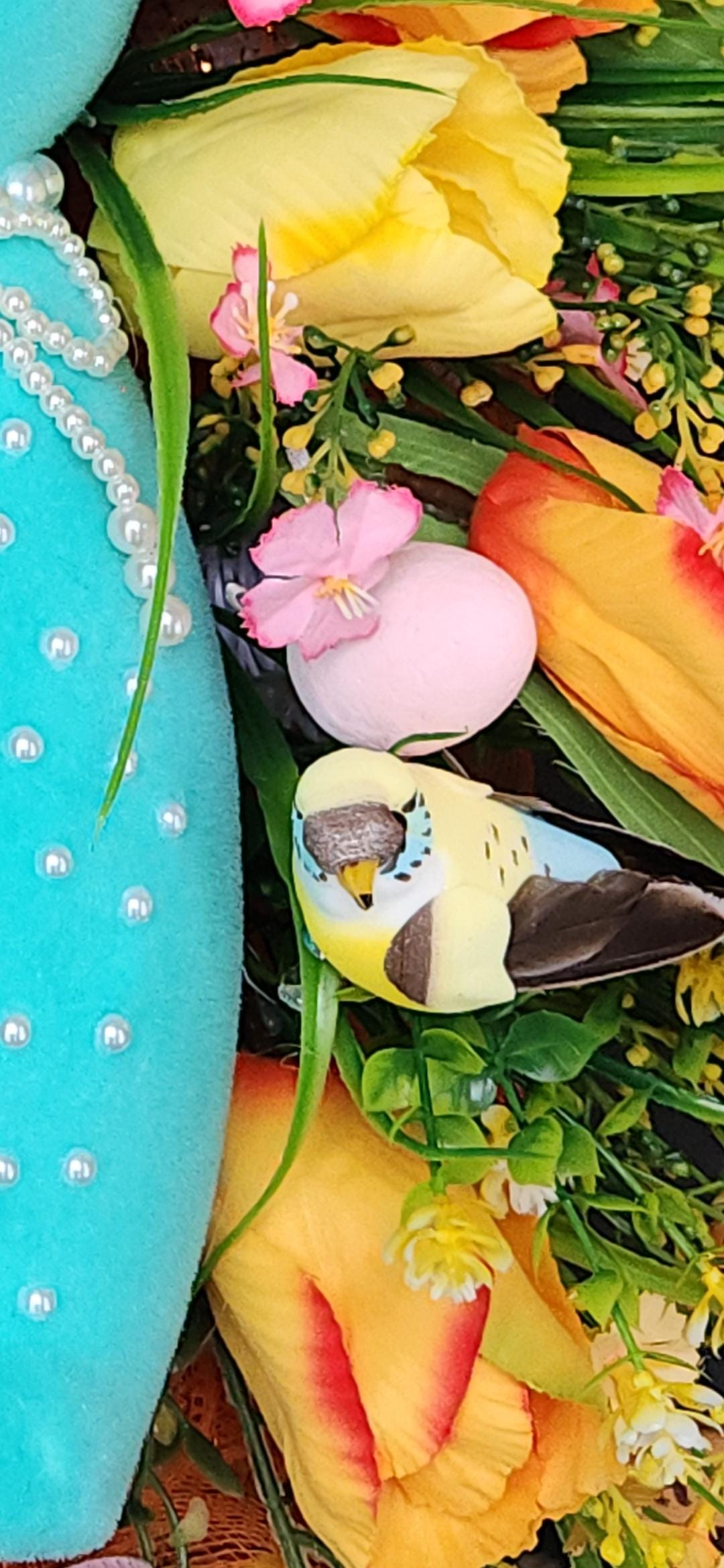 Teal Flocked Bunny Door Swag | Hand-Pearled Easter Egg, Tulips, Florals | Spring Farmhouse Decor