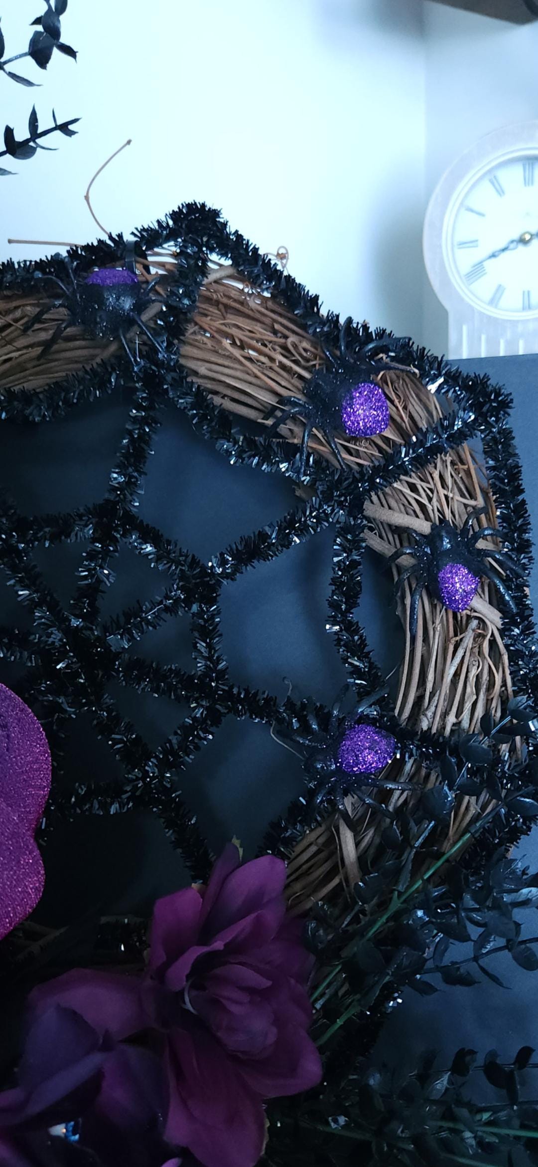 Glitter Spiderweb Wreath: Purple Florals & Sparkling Pumpkins