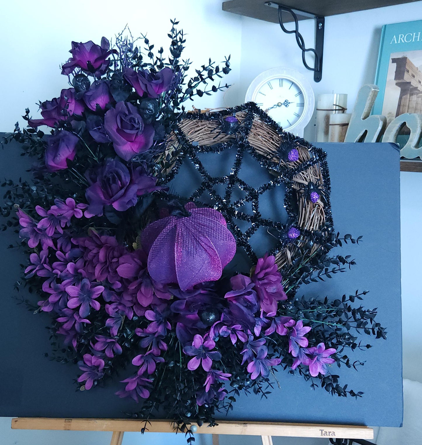 Glitter Spiderweb Wreath: Purple Florals & Sparkling Pumpkins
