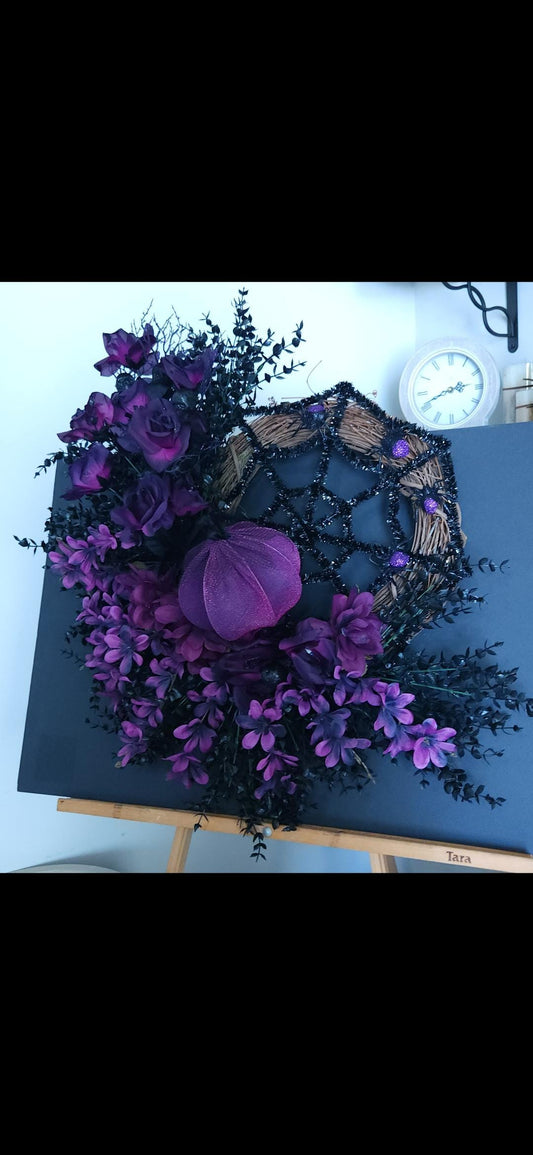 Glitter Spiderweb Wreath: Purple Florals & Sparkling Pumpkins