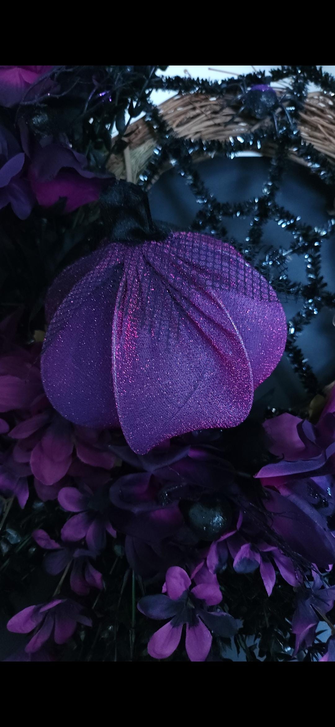 Glitter Spiderweb Wreath: Purple Florals & Sparkling Pumpkins