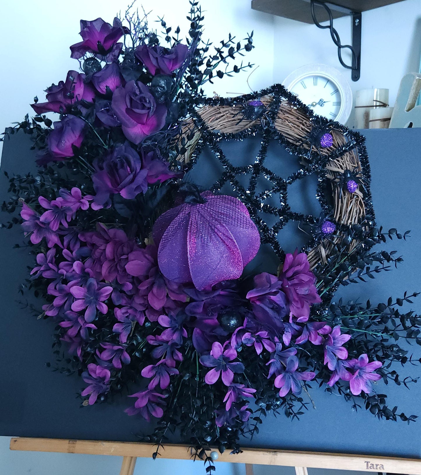 Glitter Spiderweb Wreath: Purple Florals & Sparkling Pumpkins