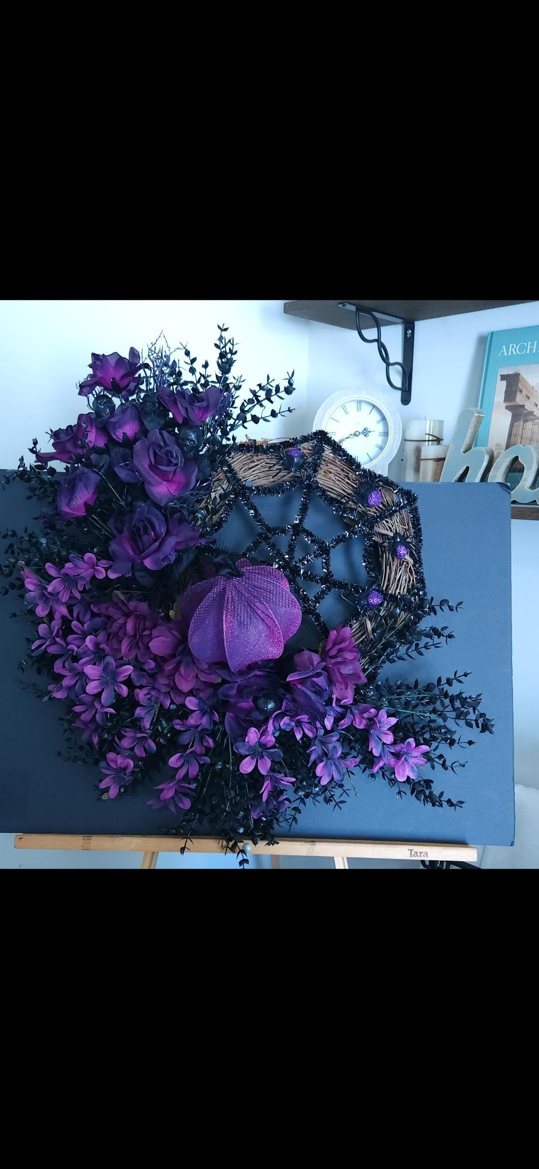 Glitter Spiderweb Wreath: Purple Florals & Sparkling Pumpkins