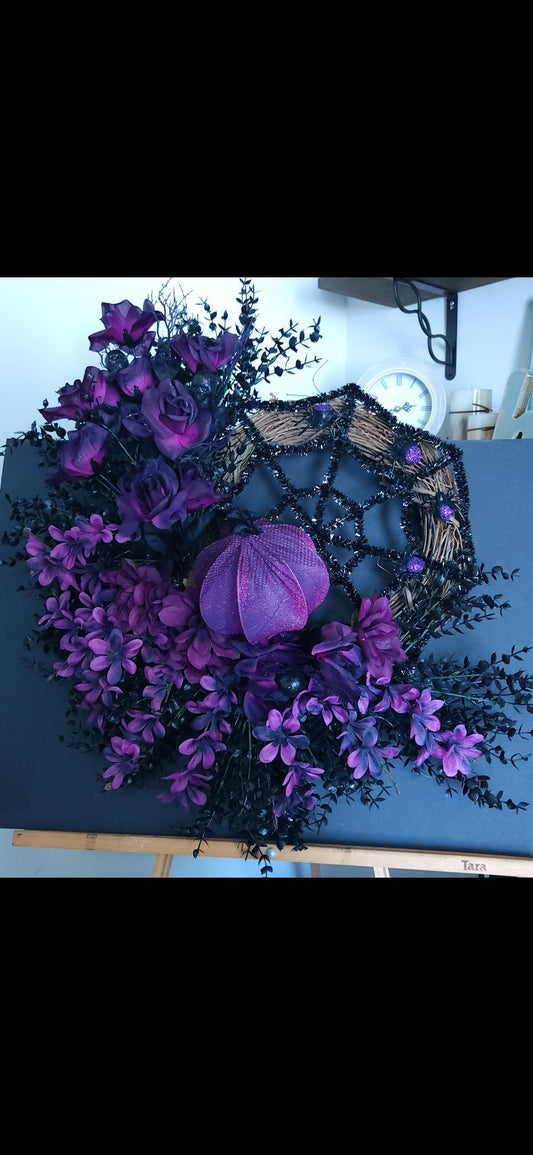 Glitter Spiderweb Wreath: Purple Florals & Sparkling Pumpkins