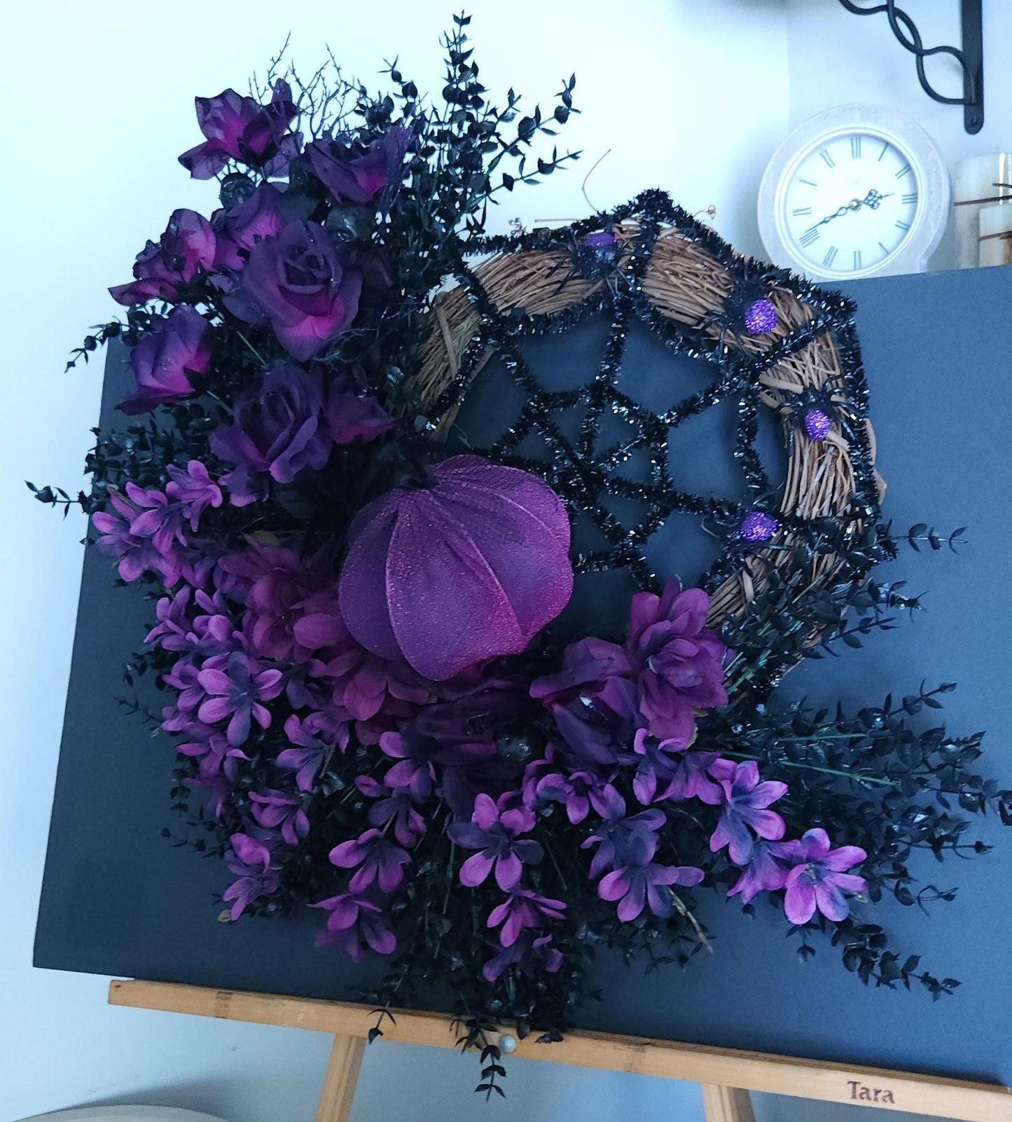 Glitter Spiderweb Wreath: Purple Florals & Sparkling Pumpkins