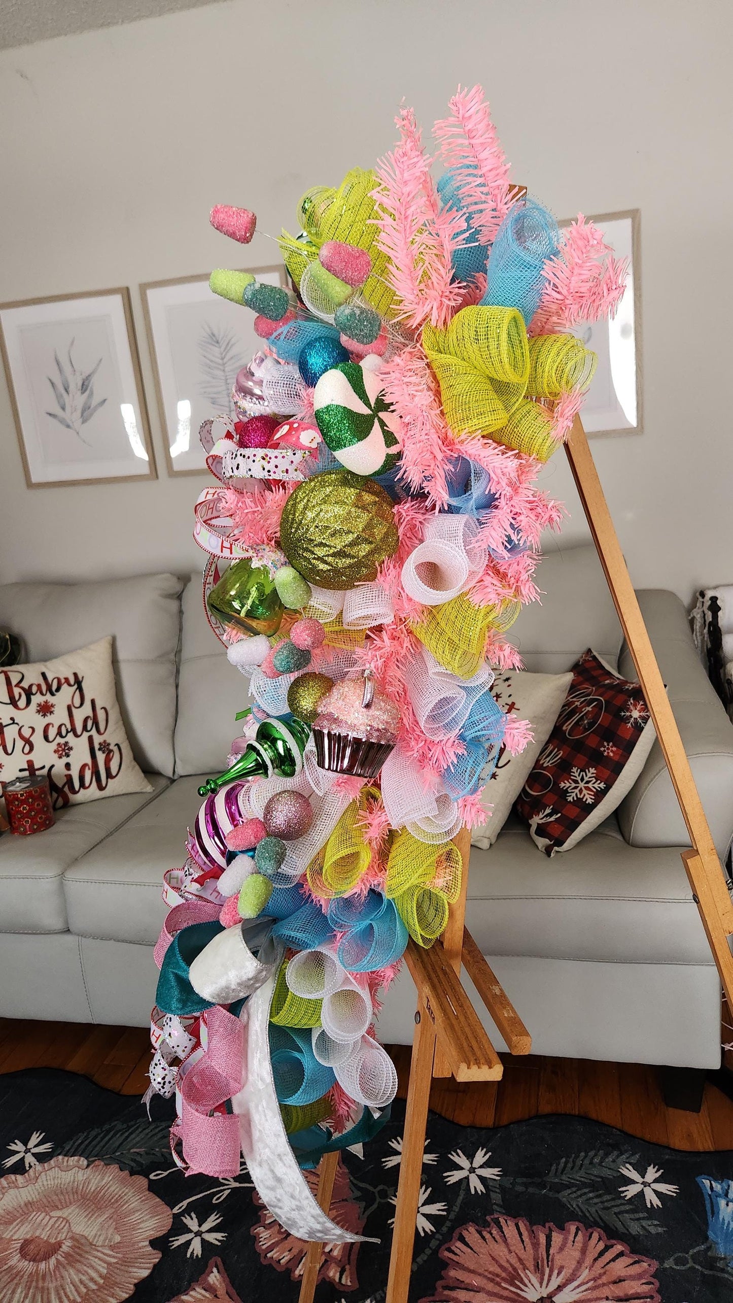 XL Candyland Christmas Swag | Whimsical Gingerbread Holiday Door Swag | Pink Candy Christmas Decor | Designer Christmas Wall Swag