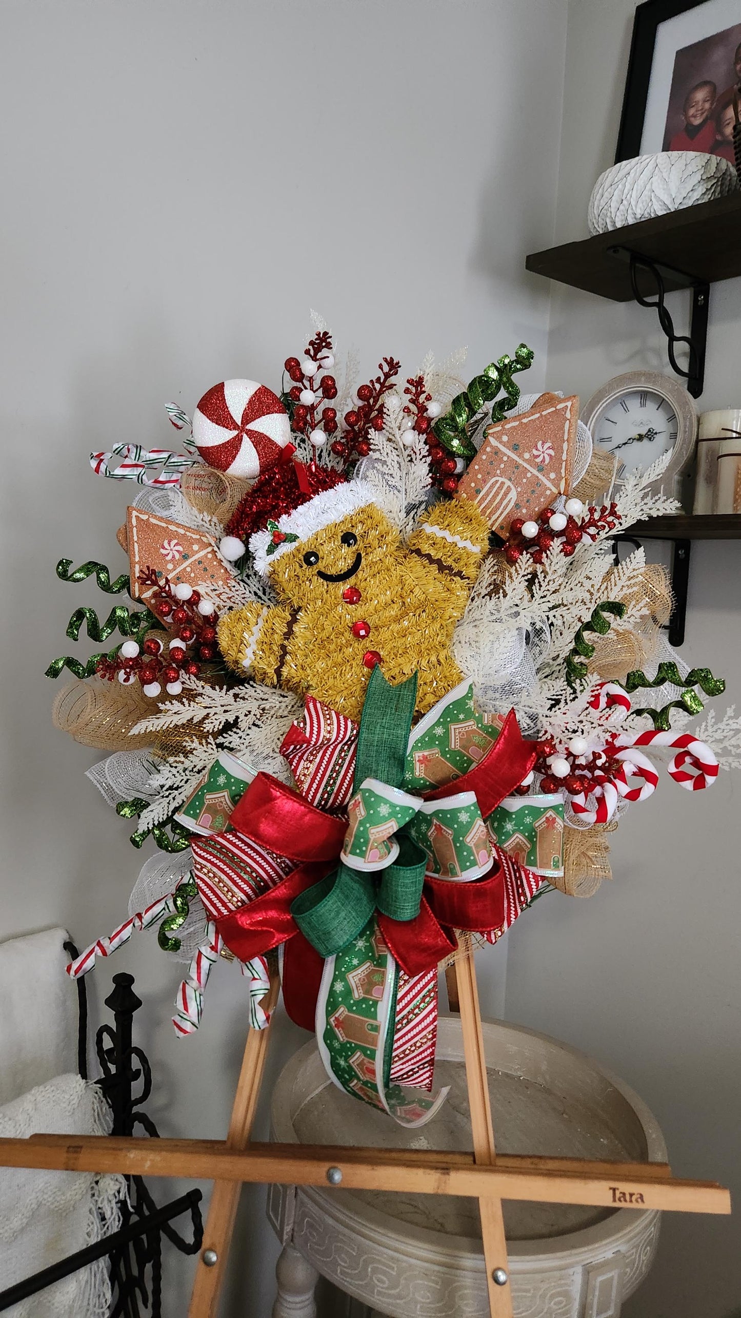 Gingerbread Christmas Wreath, Whimsical Holiday Front Door Decor, Candy Cane Gingerbread House Christmas Wreath