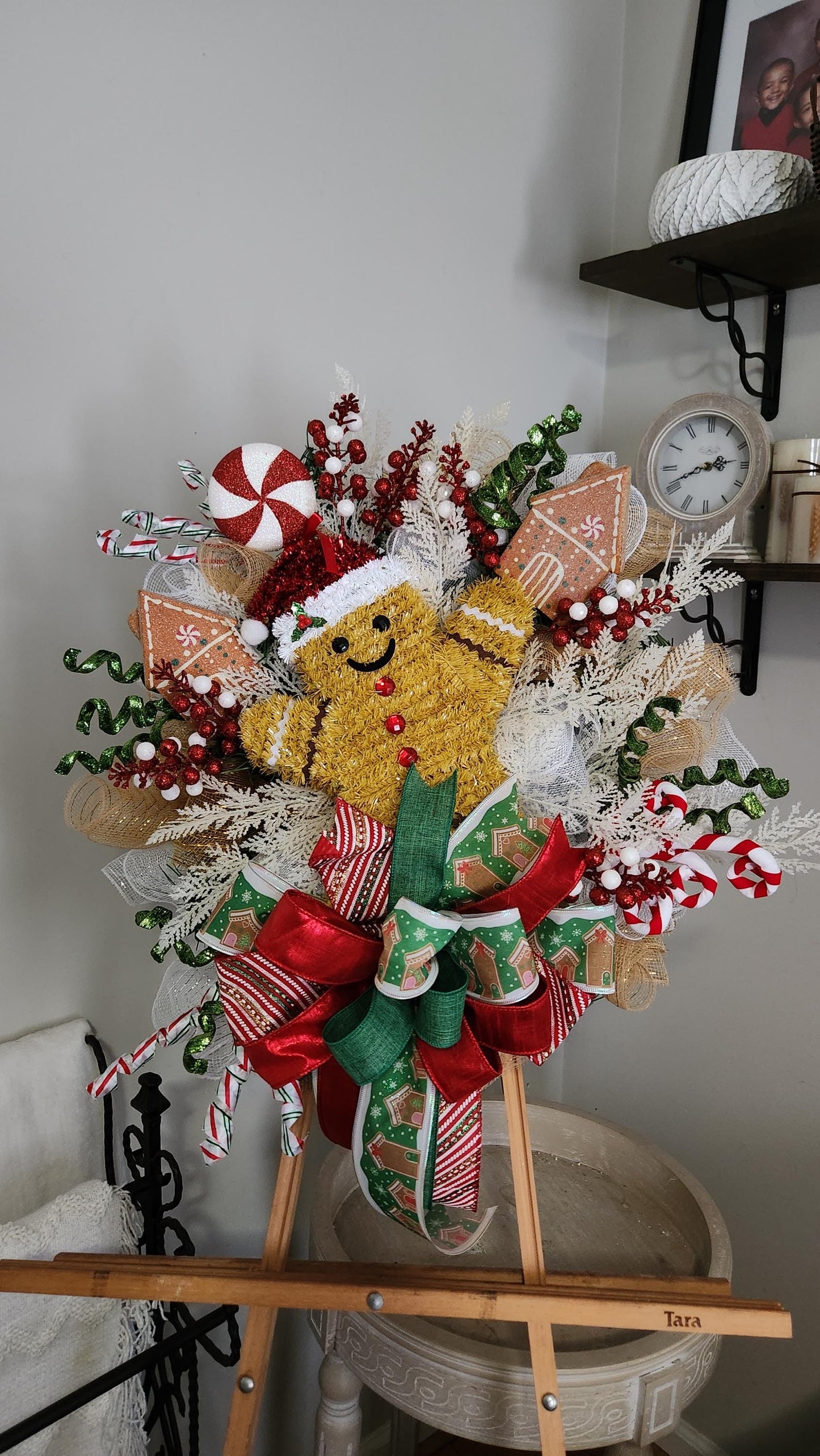 Gingerbread Christmas Wreath, Whimsical Holiday Front Door Decor, Candy Cane Gingerbread House Christmas Wreath