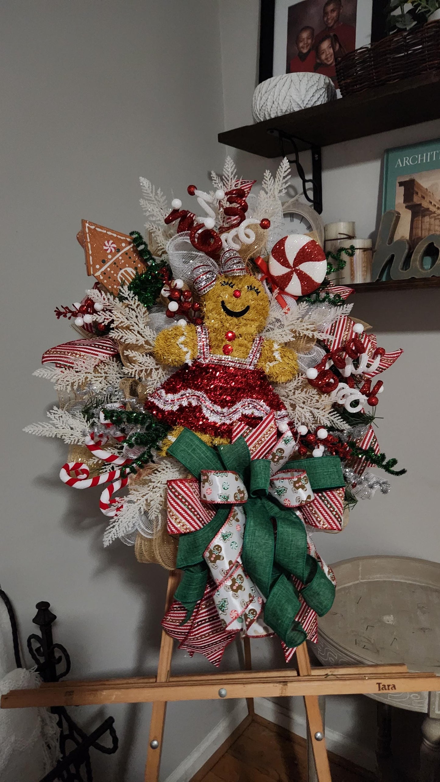 Gingerbread Girl Christmas Wreath, Whimsical Holiday Front Door Decor, Candy Cane Gingerbread Christmas Wreath