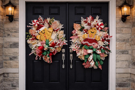 Set of 2 Gingerbread Christmas Wreaths, Whimsical Holiday Double Door Decor