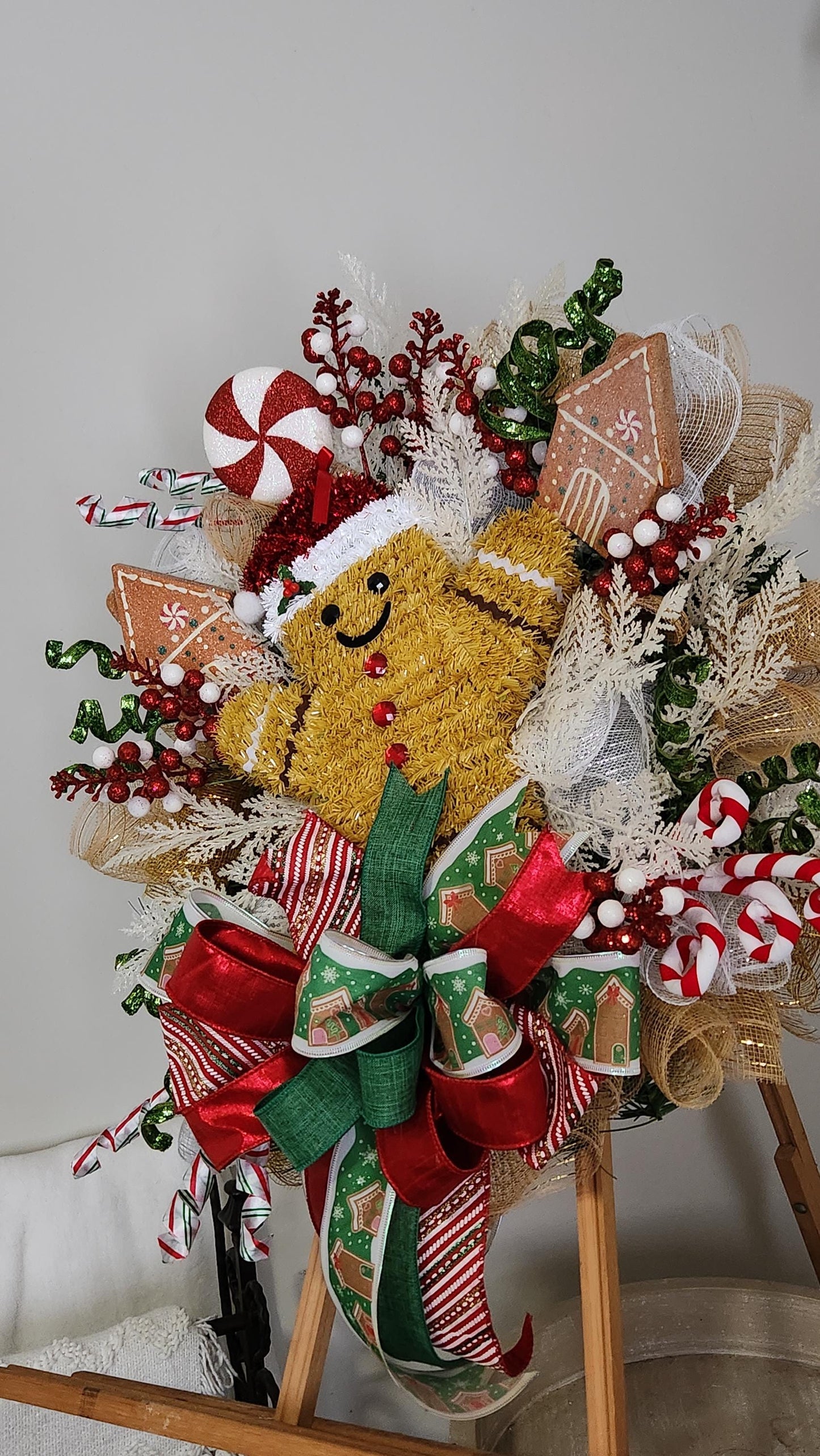 Set of 2 Gingerbread Christmas Wreaths, Whimsical Holiday Double Door Decor