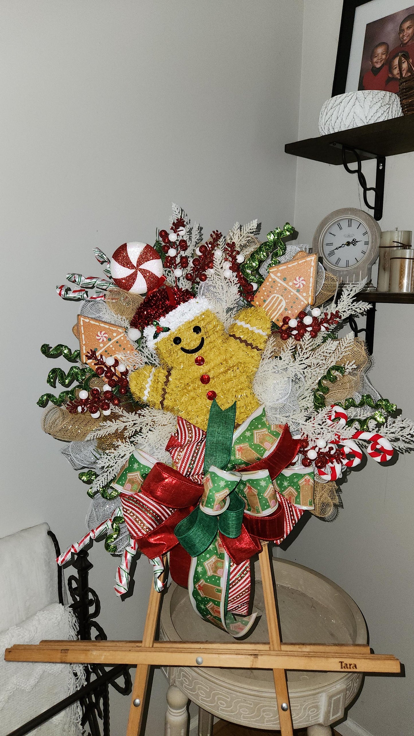 Gingerbread Christmas Wreath, Whimsical Holiday Front Door Decor, Candy Cane Gingerbread House Christmas Wreath