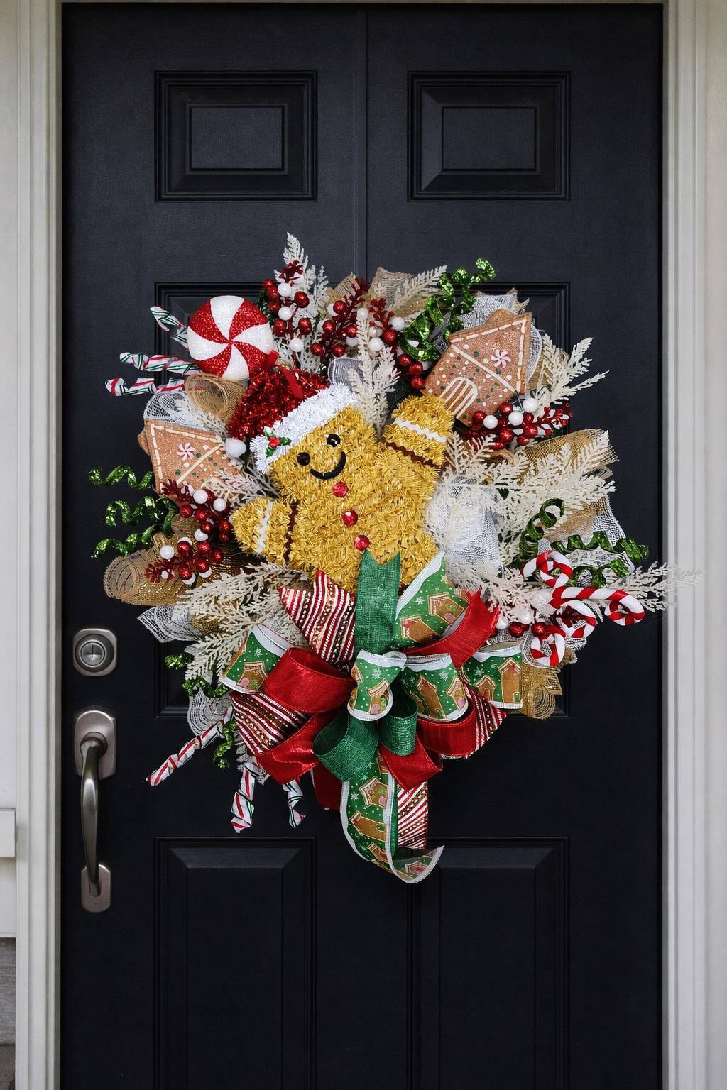 Gingerbread Christmas Wreath, Whimsical Holiday Front Door Decor, Candy Cane Gingerbread House Christmas Wreath