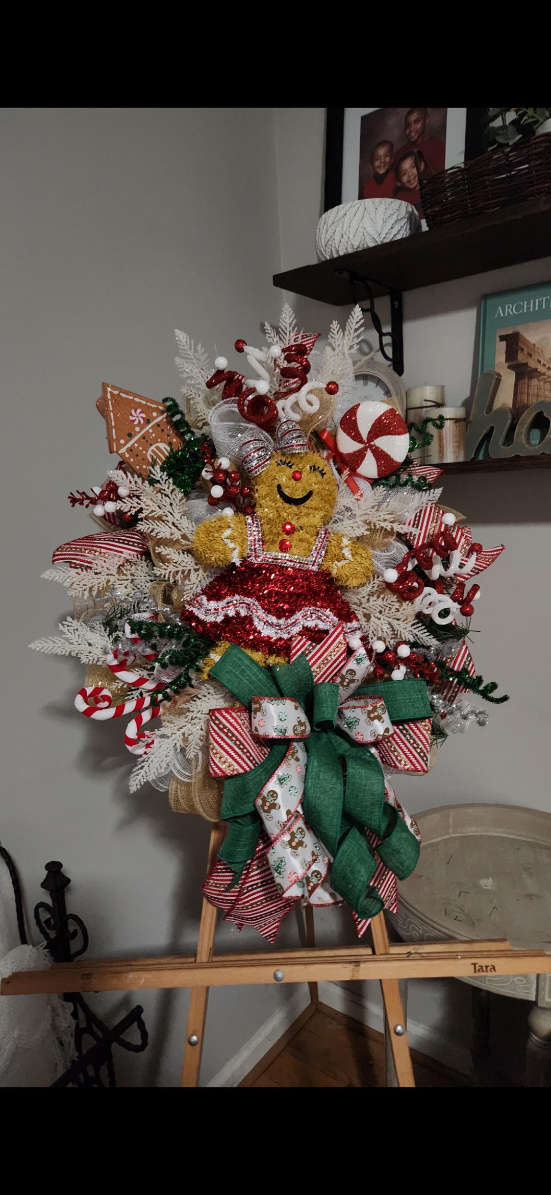 Gingerbread Girl Christmas Wreath, Whimsical Holiday Front Door Decor, Candy Cane Gingerbread Christmas Wreath
