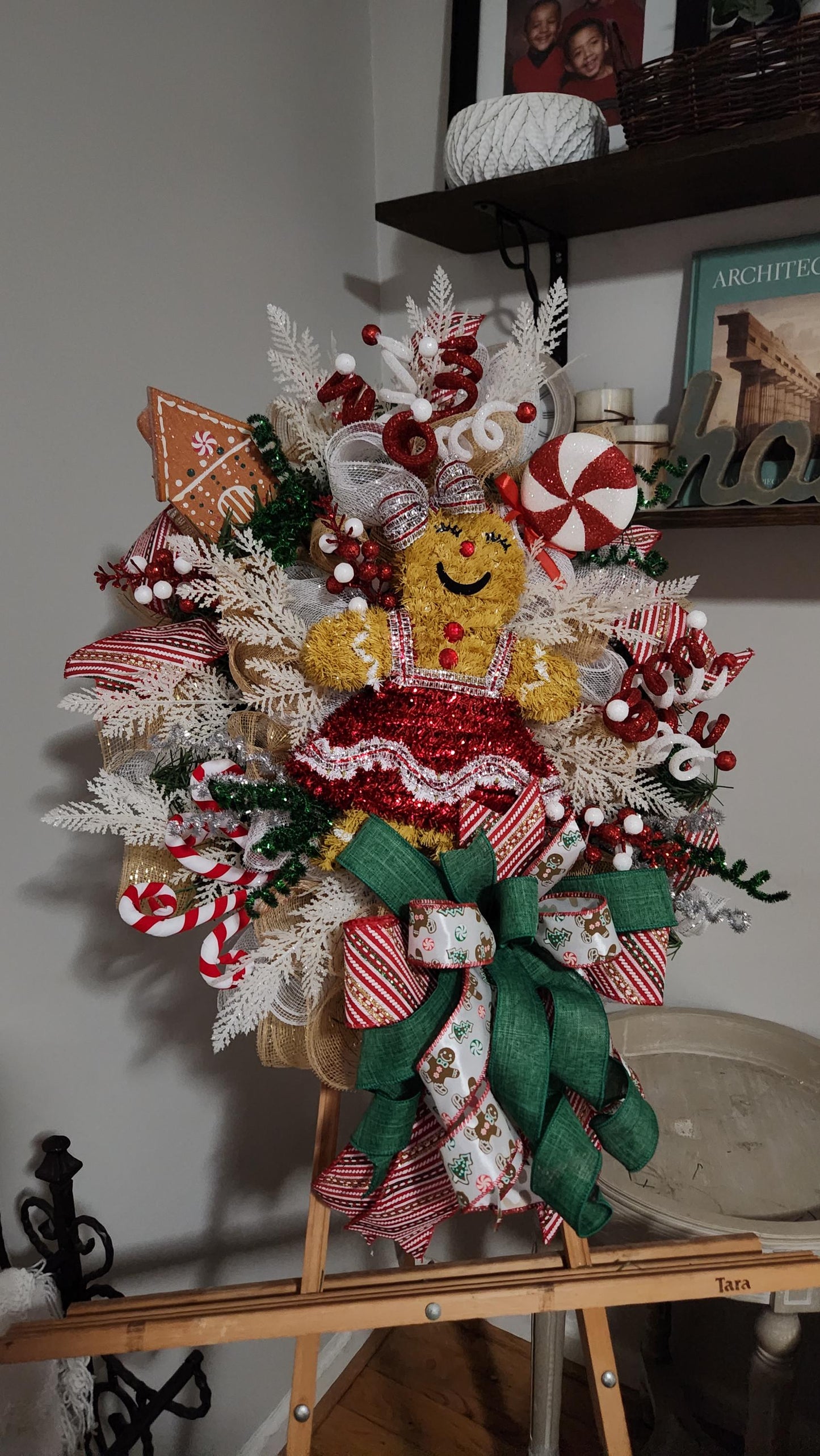 Gingerbread Girl Christmas Wreath, Whimsical Holiday Front Door Decor, Candy Cane Gingerbread Christmas Wreath