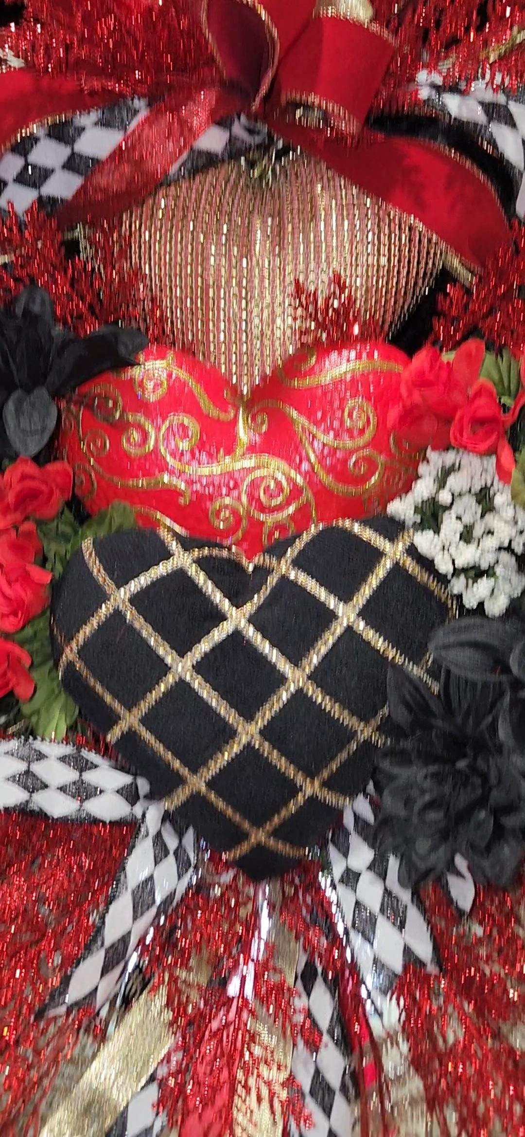 Red Valentine's Day Heart Wreath | Black Velvet Accents, Gold Details