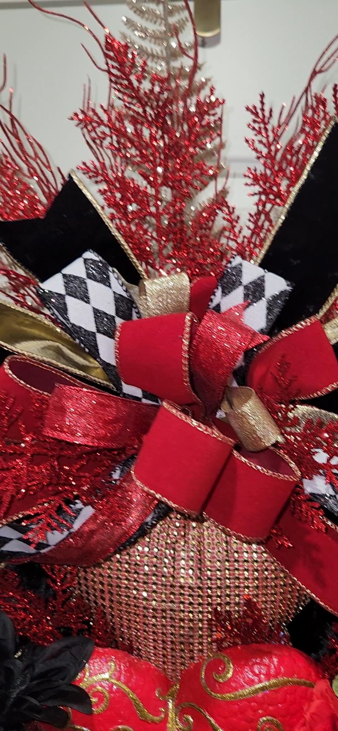 Red Valentine's Day Heart Wreath | Black Velvet Accents, Gold Details