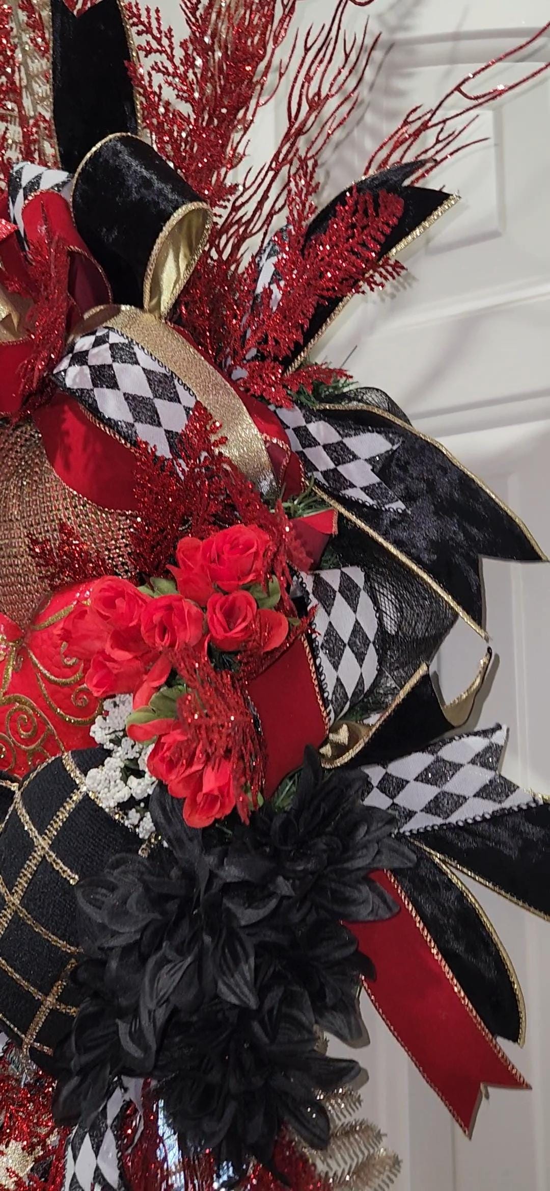 Red Valentine's Day Heart Wreath | Black Velvet Accents, Gold Details