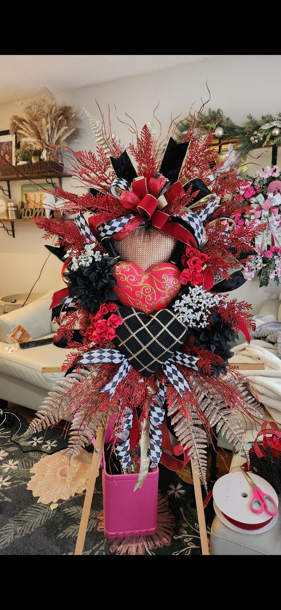 Red Valentine's Day Heart Wreath | Black Velvet Accents, Gold Details