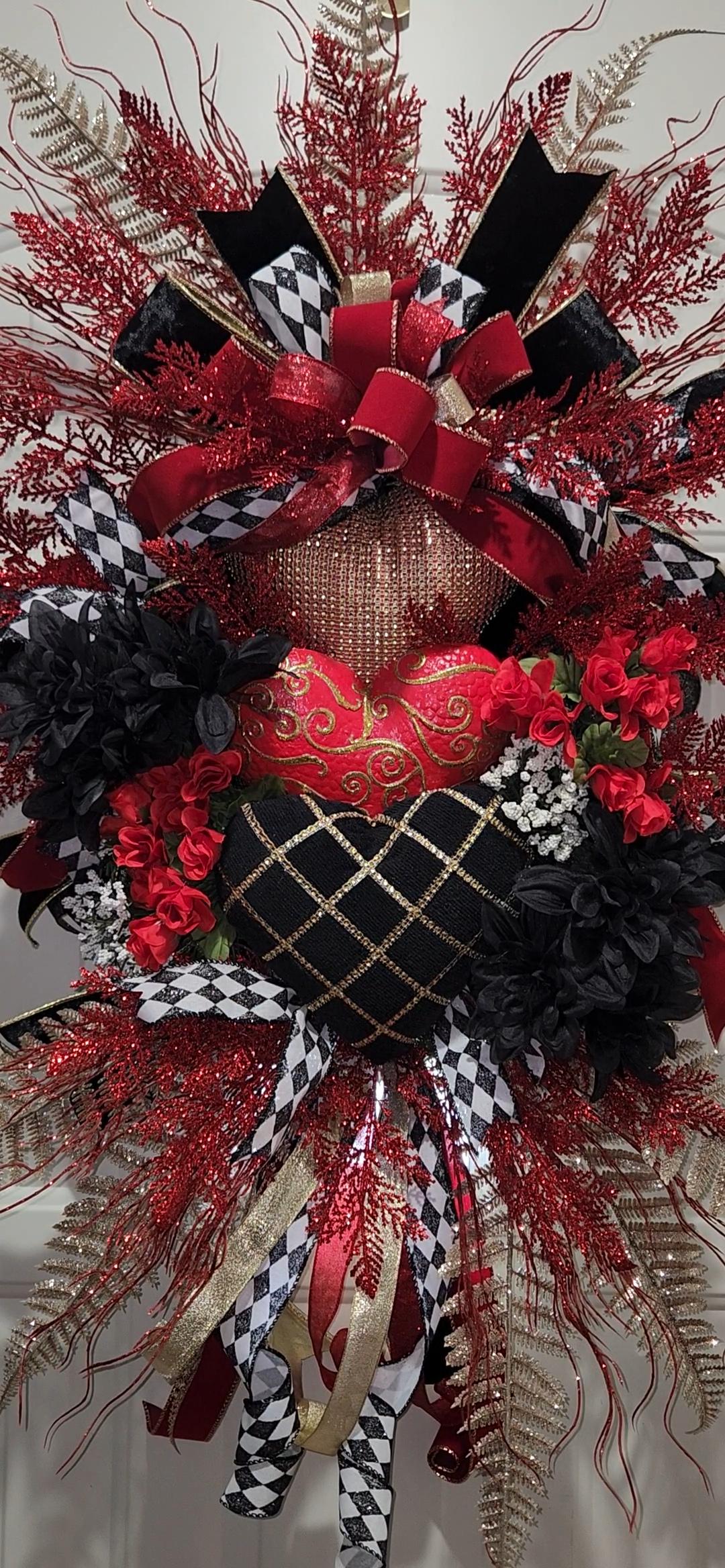 Red Valentine's Day Heart Wreath | Black Velvet Accents, Gold Details