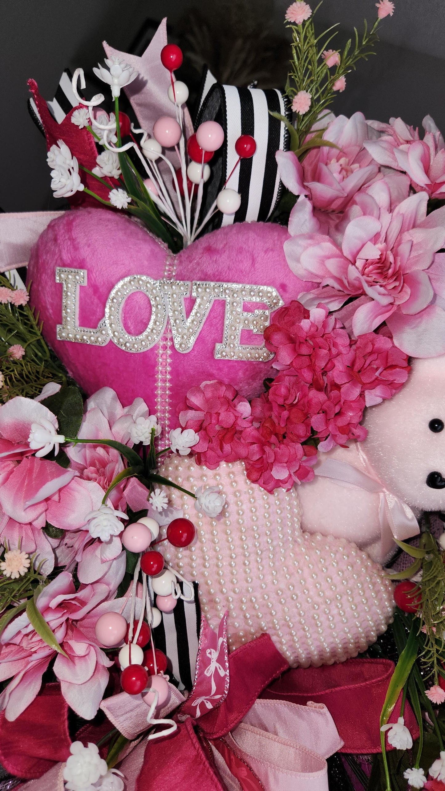 Teddy Bear Valentine Wreath | Pink Floral Heart Door Decor