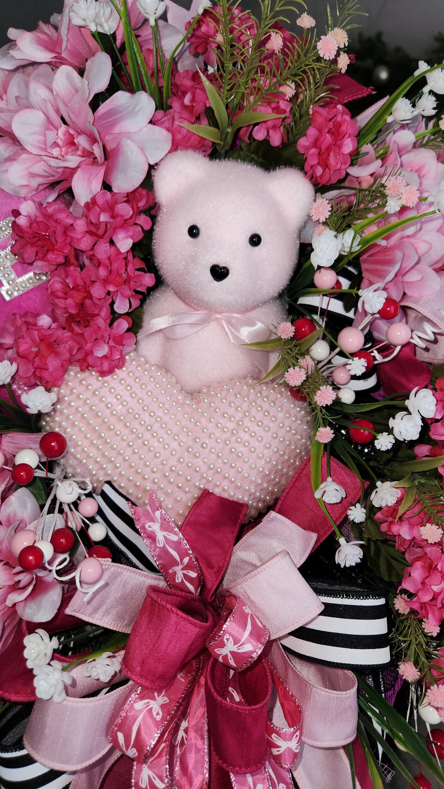 Teddy Bear Valentine Wreath | Pink Floral Heart Door Decor