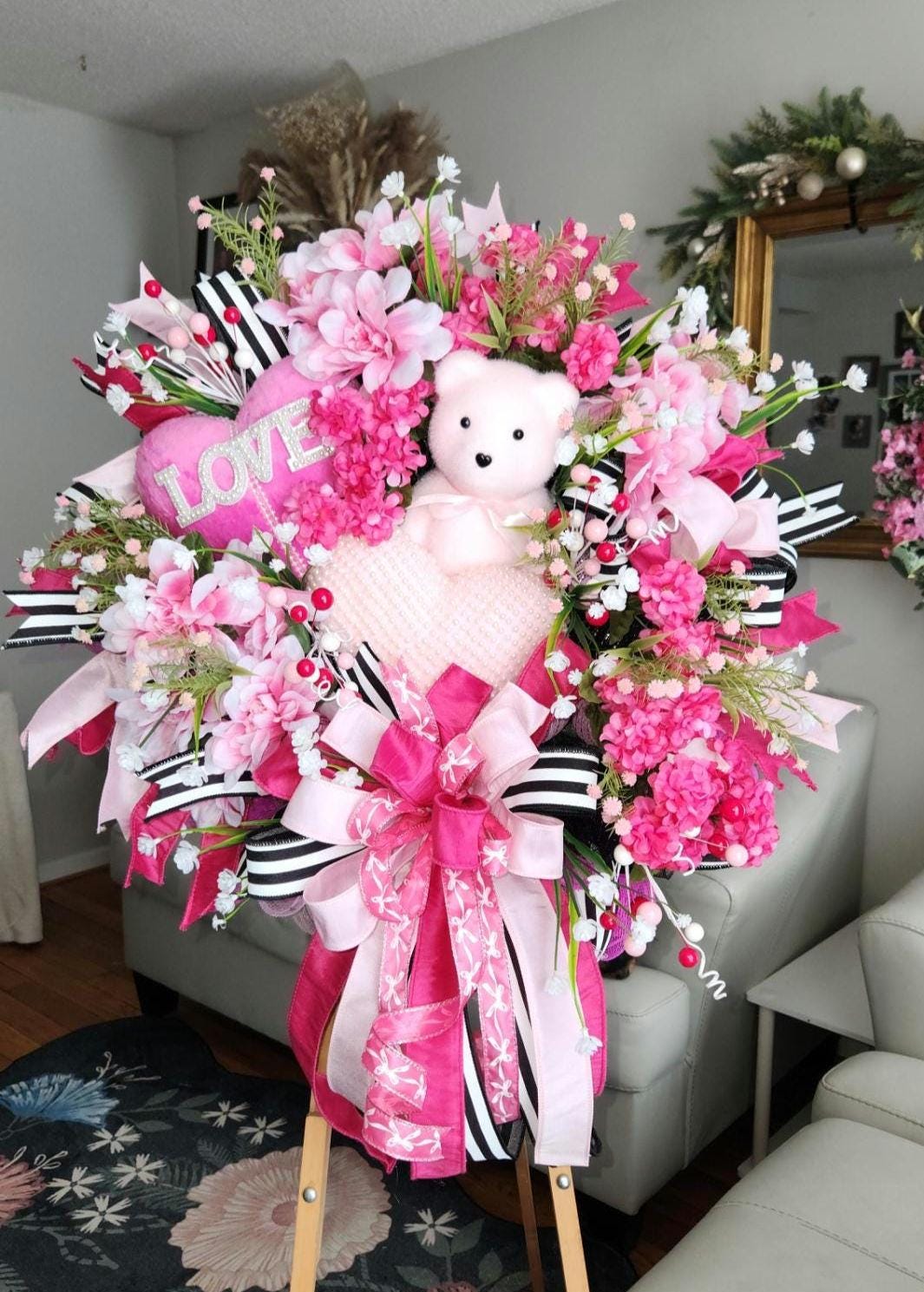 Teddy Bear Valentine Wreath | Pink Floral Heart Door Decor