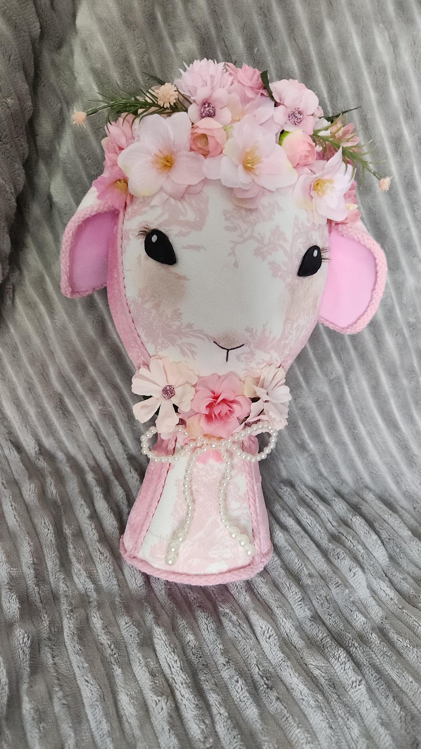 Lamb Heirloom Pink Toile Lamb – Handmade Easter Wreath Attachment | One-of-a-Kind Spring Decor
