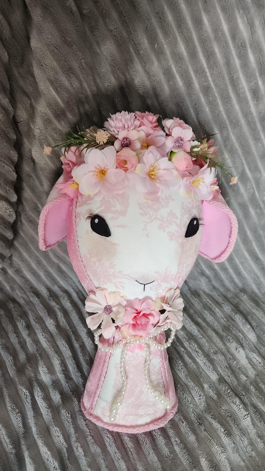 Lamb Heirloom Pink Toile Lamb – Handmade Easter Wreath Attachment | One-of-a-Kind Spring Decor