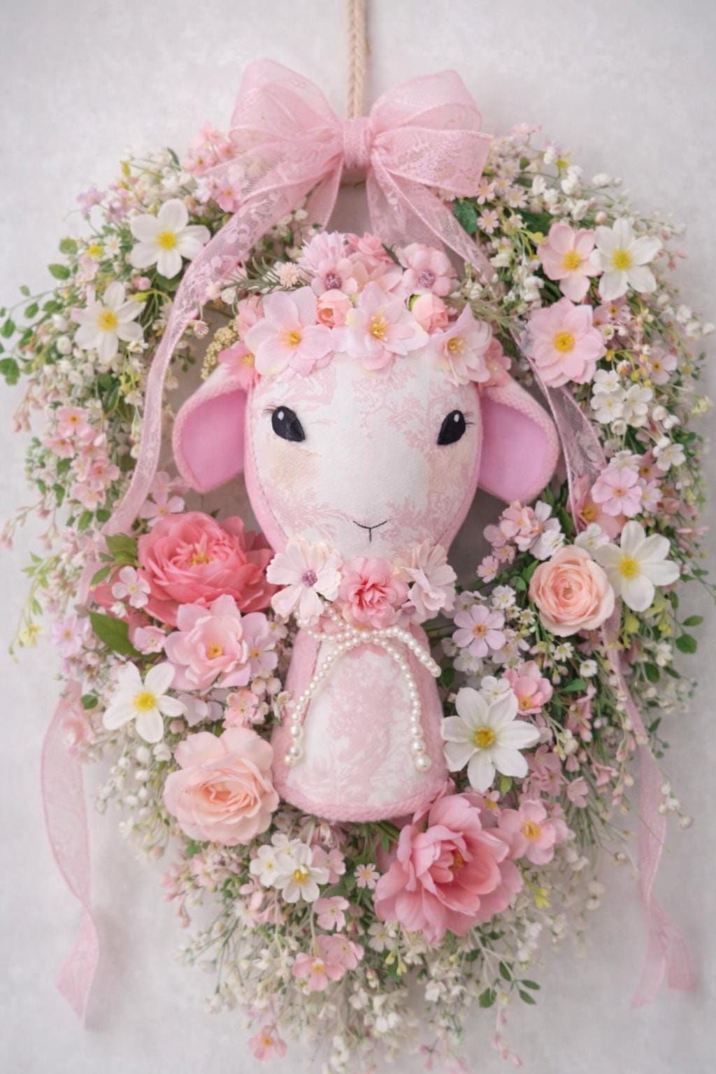 Lamb Heirloom Pink Toile Lamb – Handmade Easter Wreath Attachment | One-of-a-Kind Spring Decor