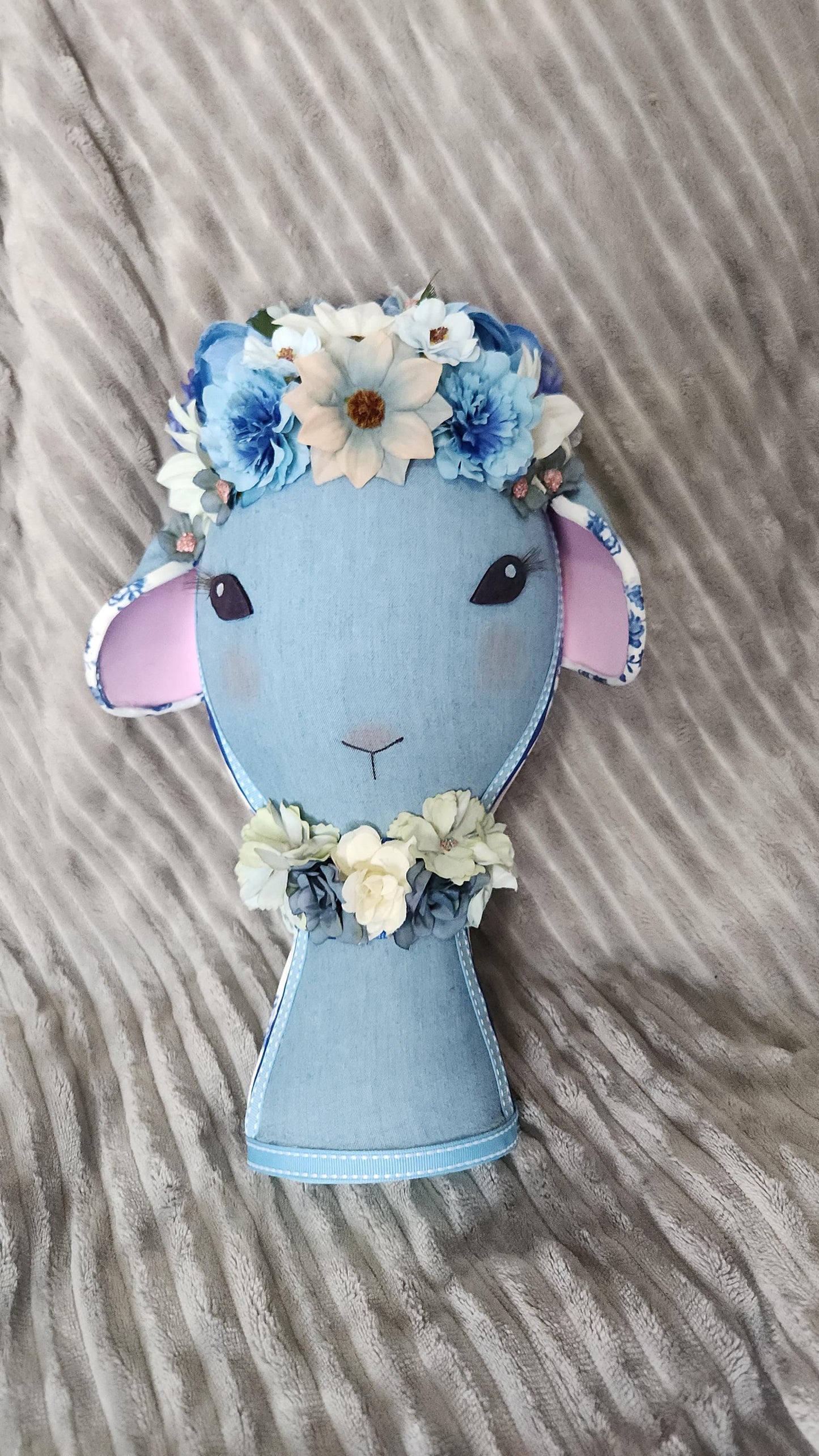Lamb Blue Denim Floral Lamb Wreath Attachment | Handmade Easter Nursery Decor