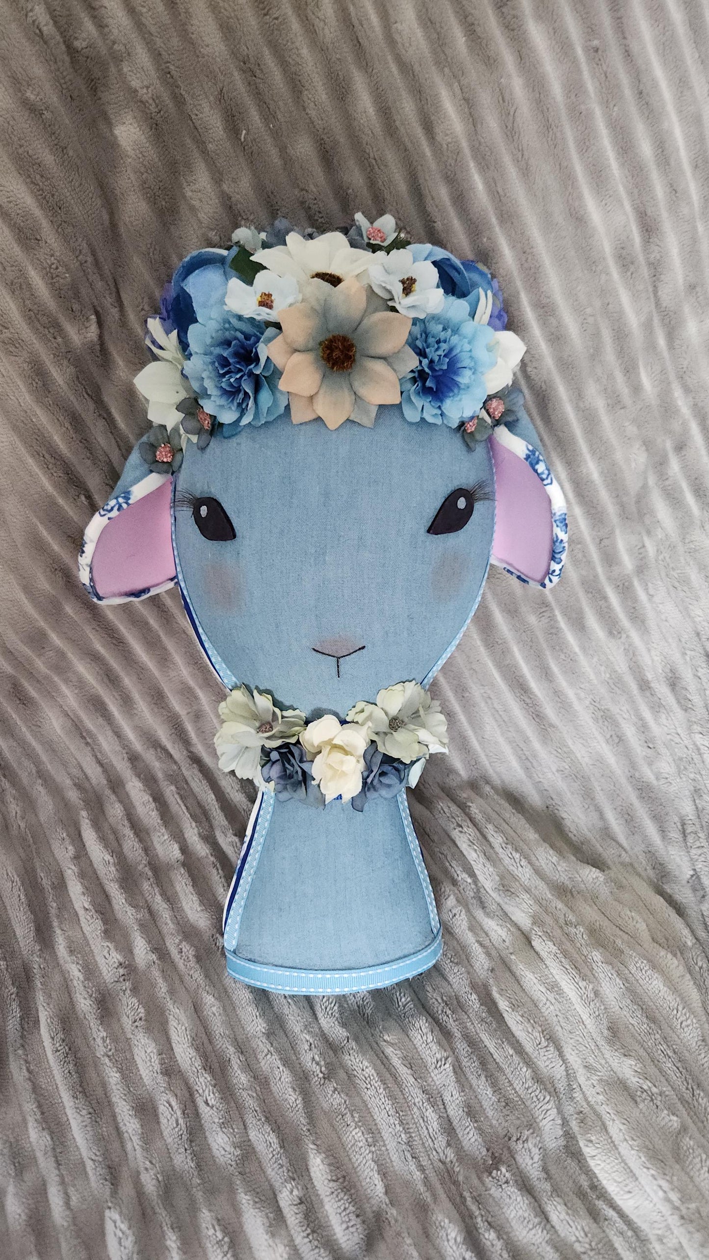 Lamb Blue Denim Floral Lamb Wreath Attachment | Handmade Easter Nursery Decor