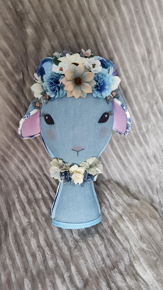 Lamb Blue Denim Floral Lamb Wreath Attachment | Handmade Easter Nursery Decor