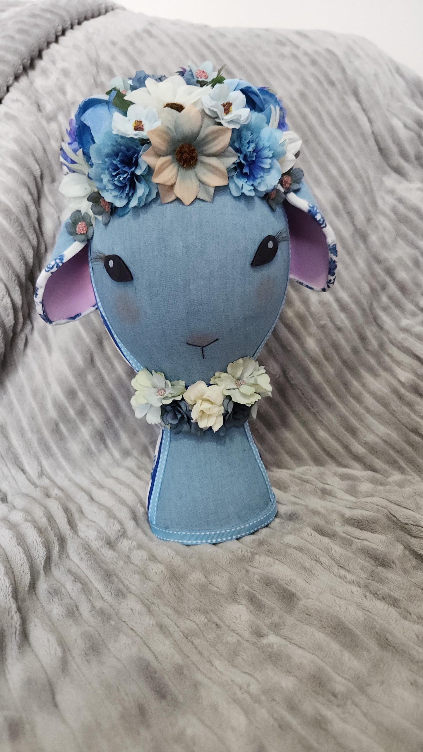 Lamb Blue Denim Floral Lamb Wreath Attachment | Handmade Easter Nursery Decor