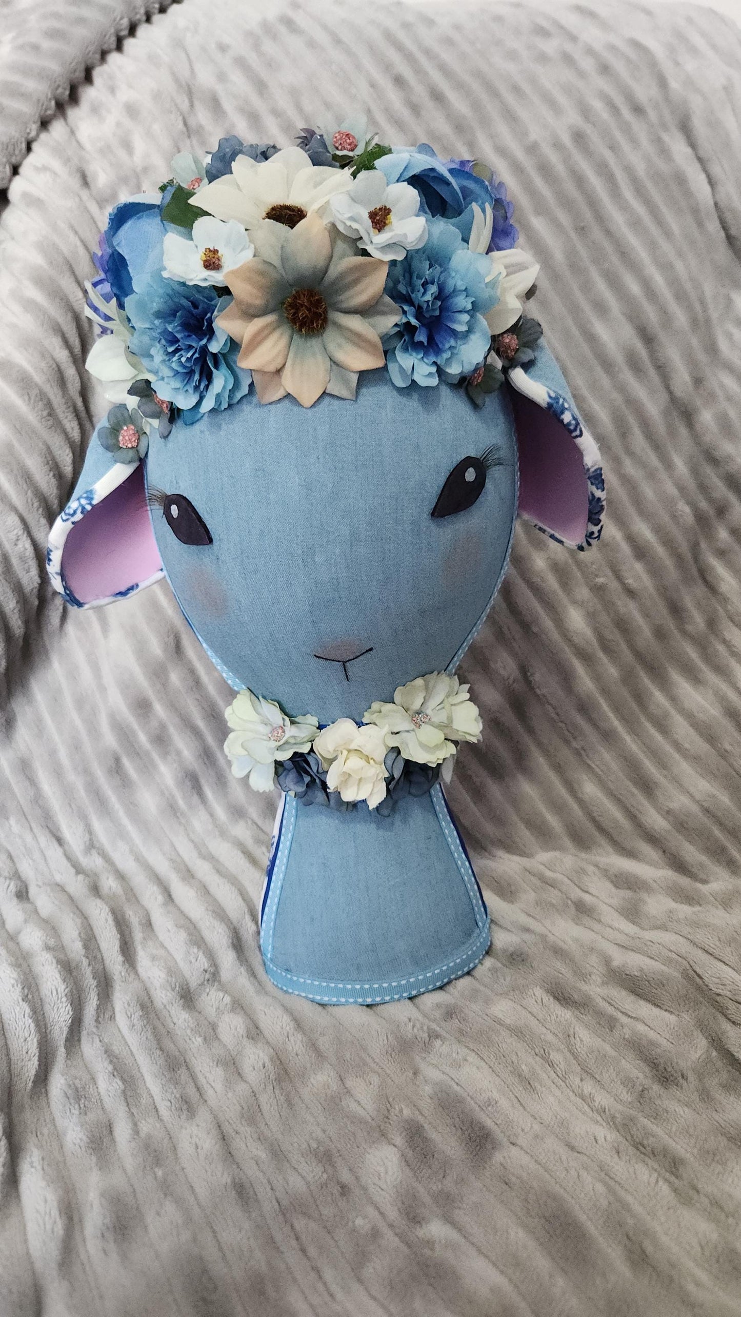 Lamb Blue Denim Floral Lamb Wreath Attachment | Handmade Easter Nursery Decor