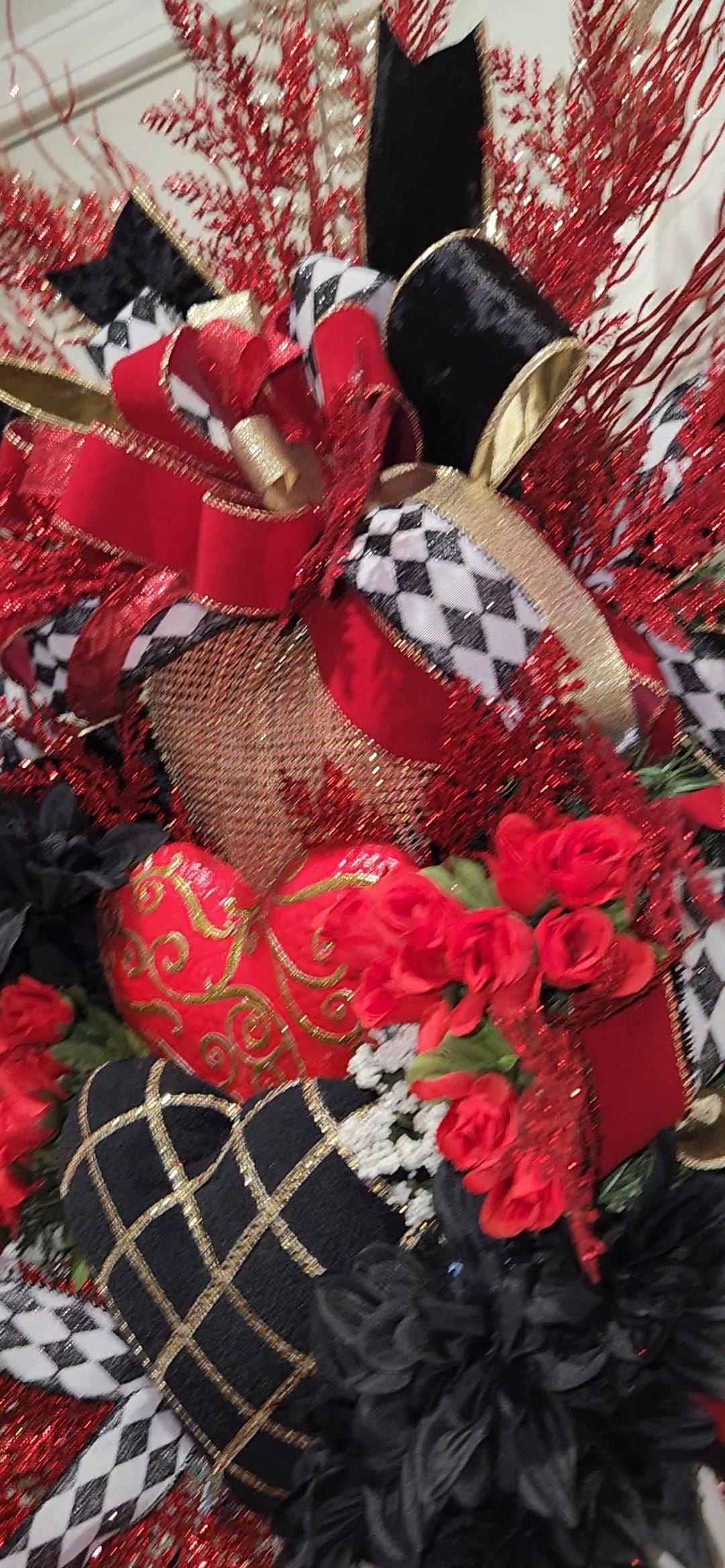 Red Valentine's Day Heart Wreath | Black Velvet Accents, Gold Details