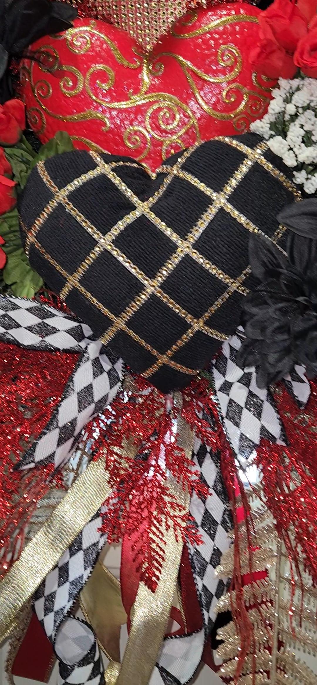 Red Valentine's Day Heart Wreath | Black Velvet Accents, Gold Details