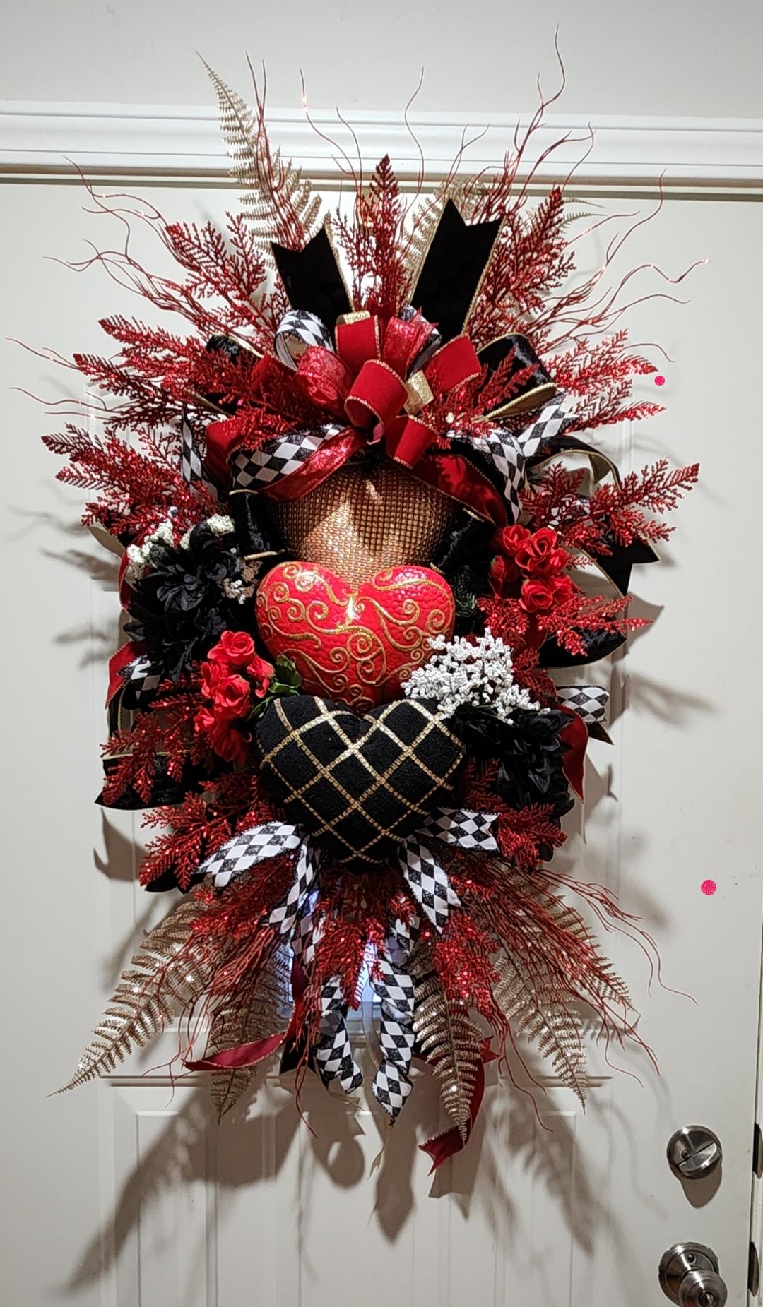 Red Valentine's Day Heart Wreath | Black Velvet Accents, Gold Details