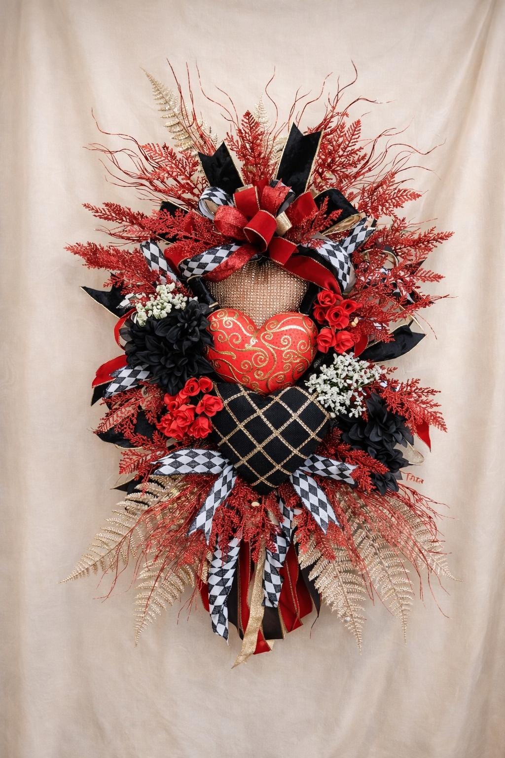 Red Valentine's Day Heart Wreath | Black Velvet Accents, Gold Details