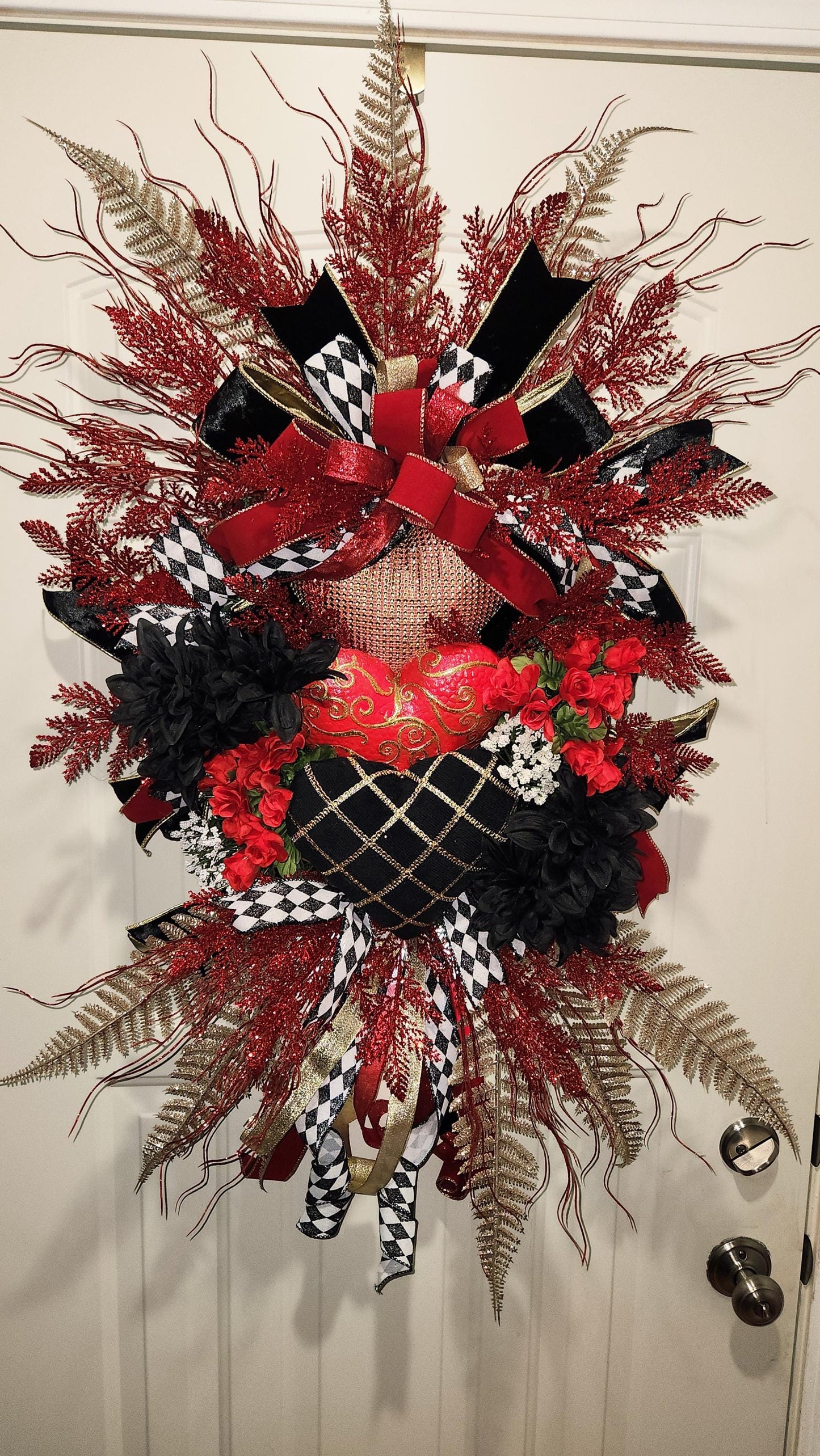 Red Valentine's Day Heart Wreath | Black Velvet Accents, Gold Details