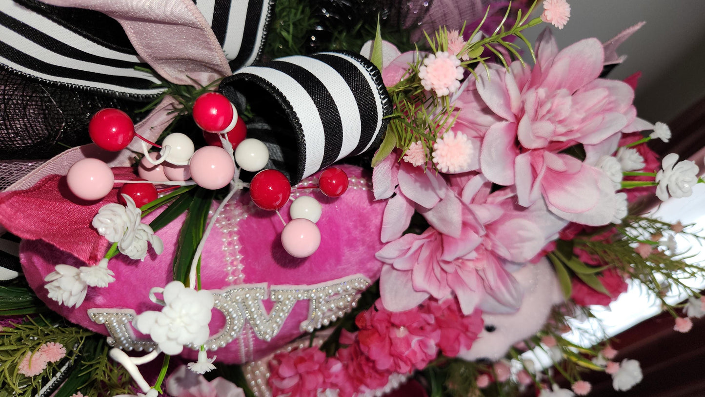 Teddy Bear Valentine Wreath | Pink Floral Heart Door Decor