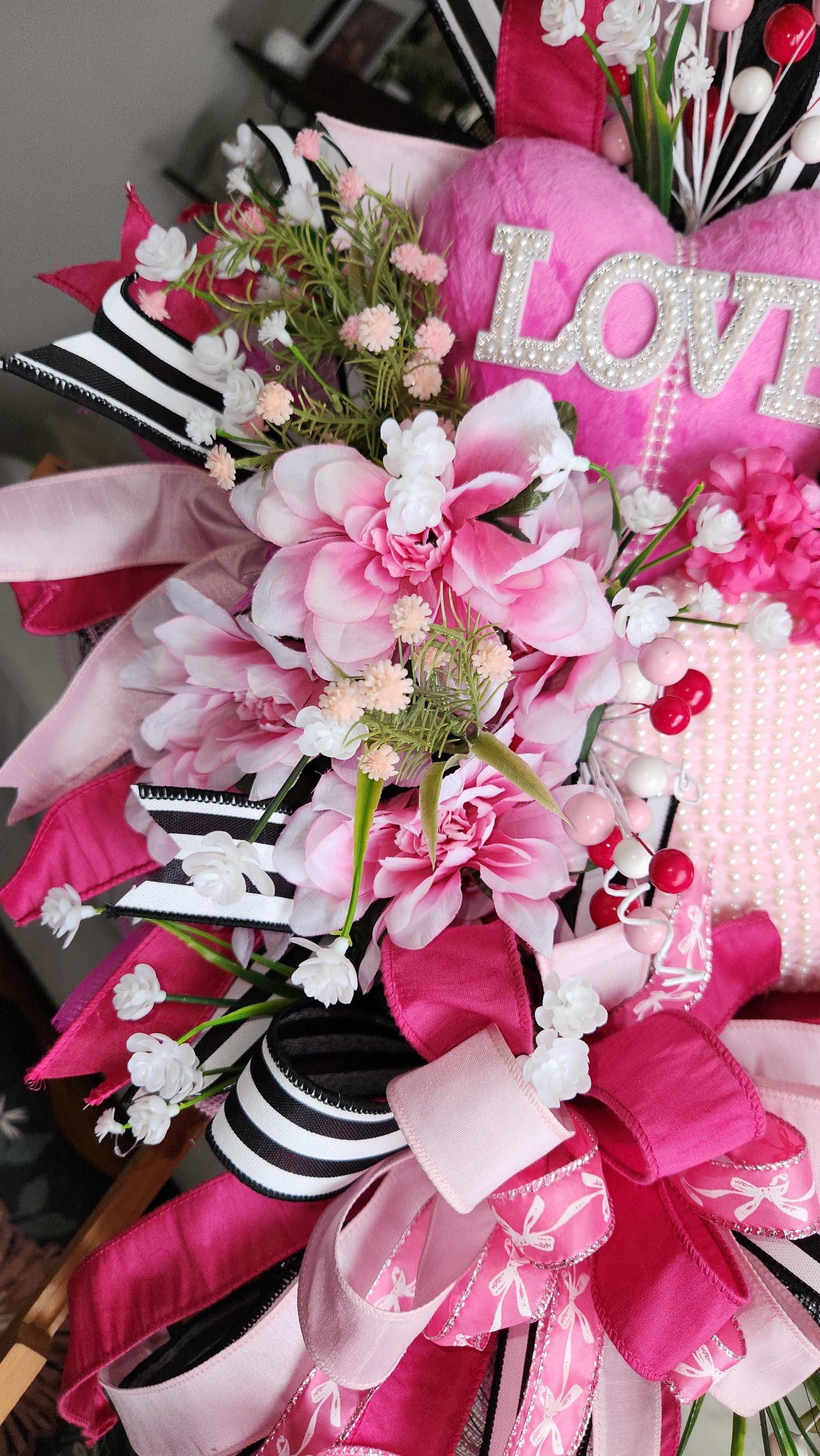 Teddy Bear Valentine Wreath | Pink Floral Heart Door Decor