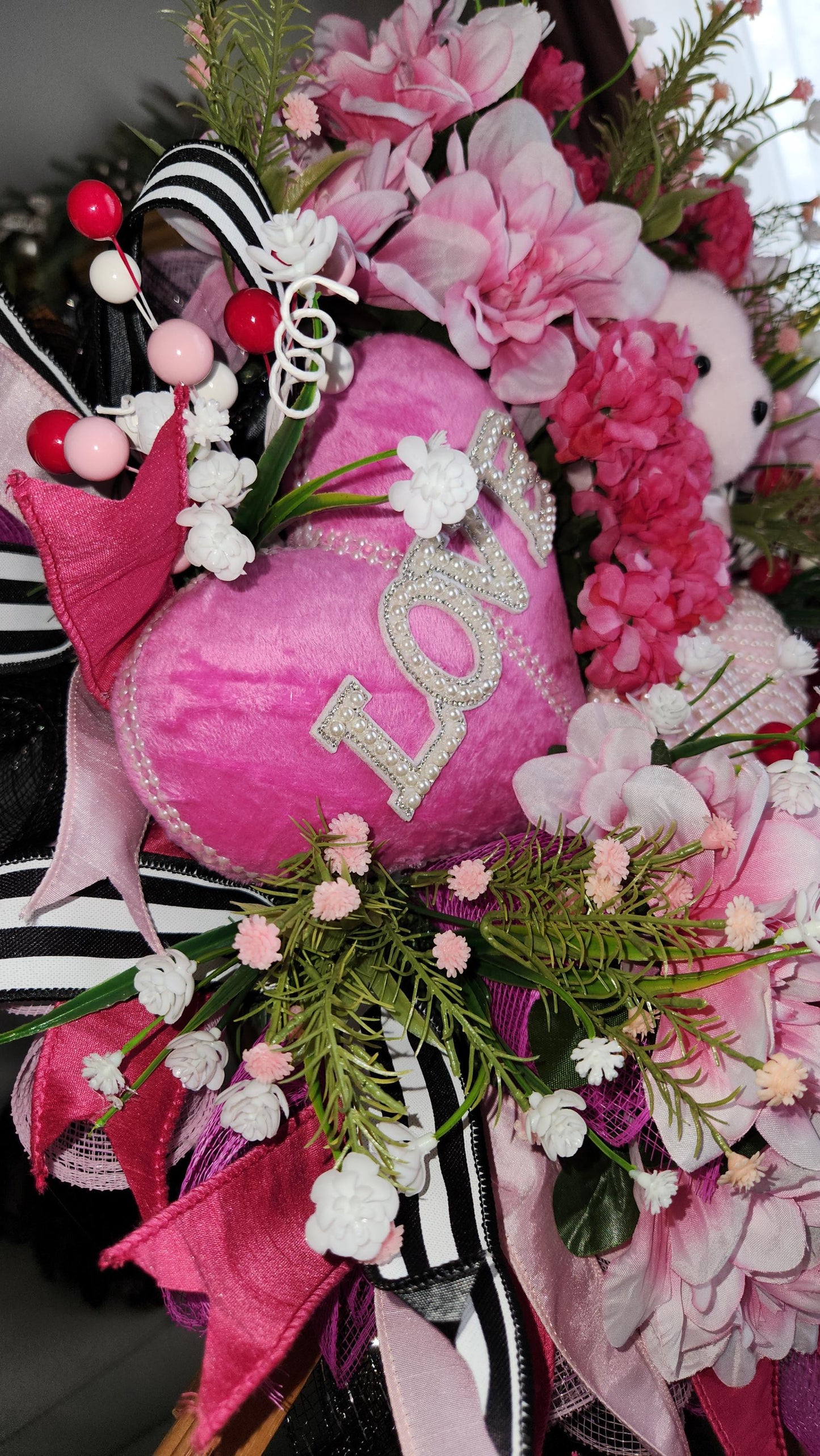 Teddy Bear Valentine Wreath | Pink Floral Heart Door Decor