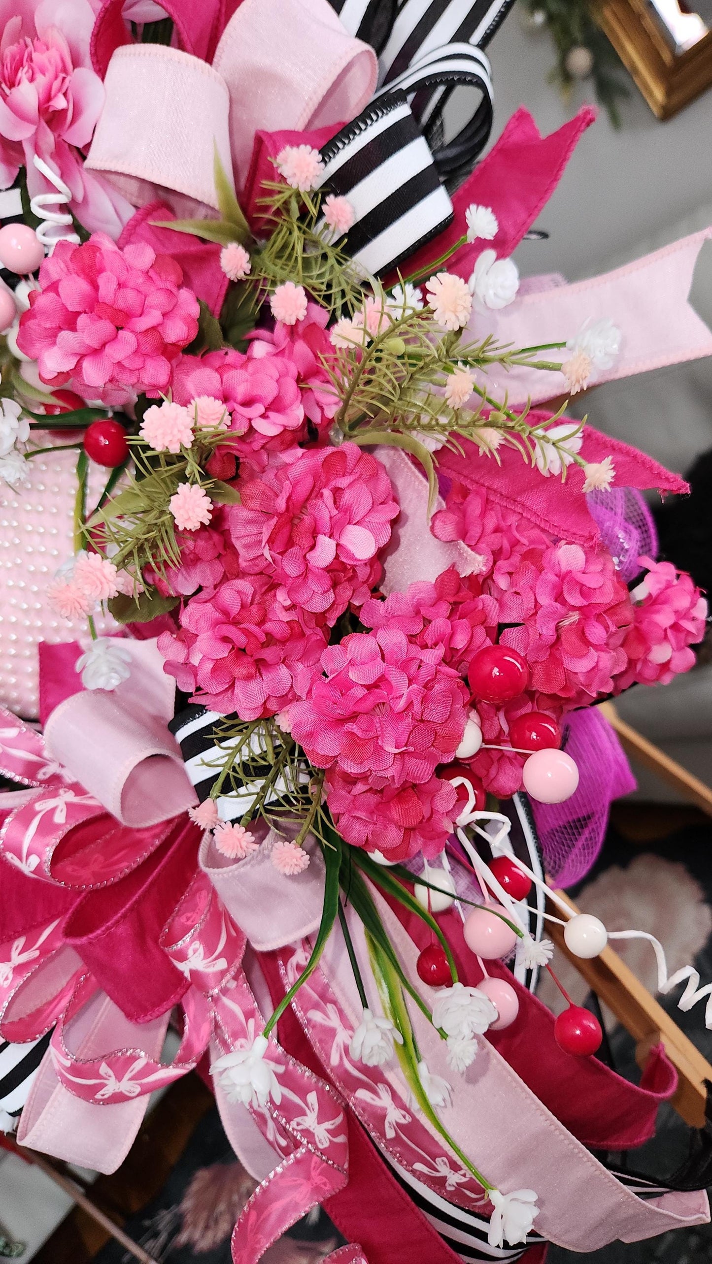 Teddy Bear Valentine Wreath | Pink Floral Heart Door Decor