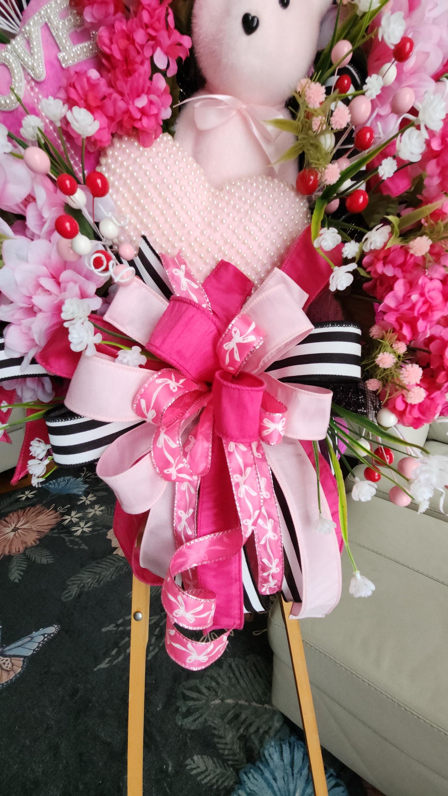 Teddy Bear Valentine Wreath | Pink Floral Heart Door Decor